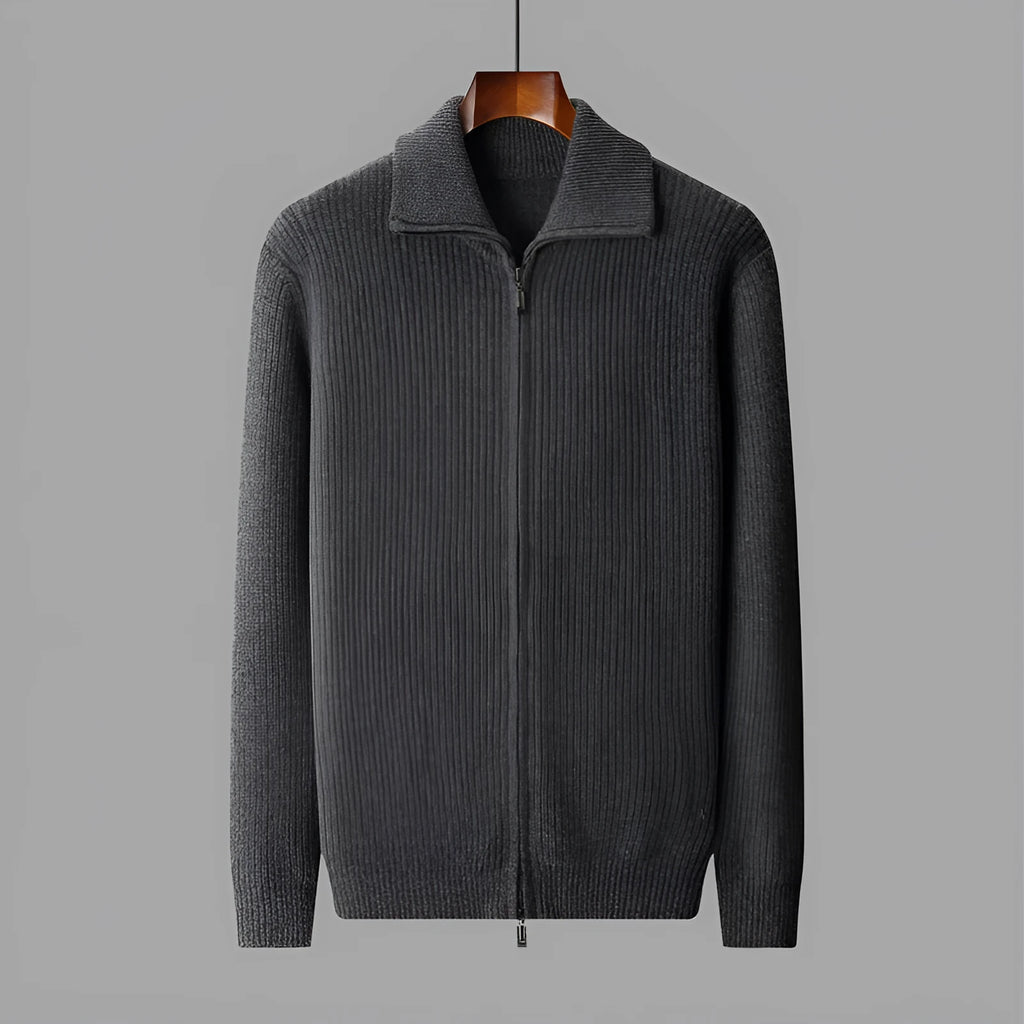 Pure wool zipper cardigan for men in dark gray, long sleeves, lapel collar, front zipper