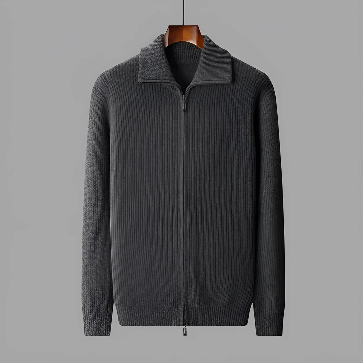 Pure wool zipper cardigan for men in dark gray, long sleeves, lapel collar, front zipper