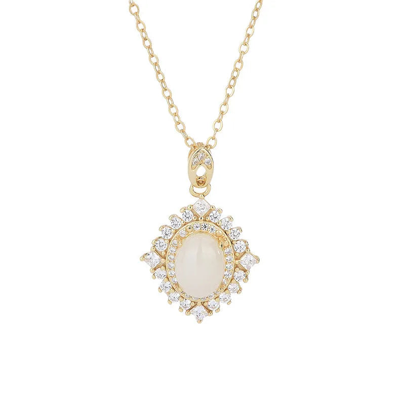 925 silver necklace with single white jade pendant on chain electroplated finish