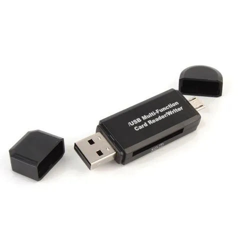 Black Smart Three-In-One Multi-Function Card Reader with Micro USB and USB 2.0 connectors