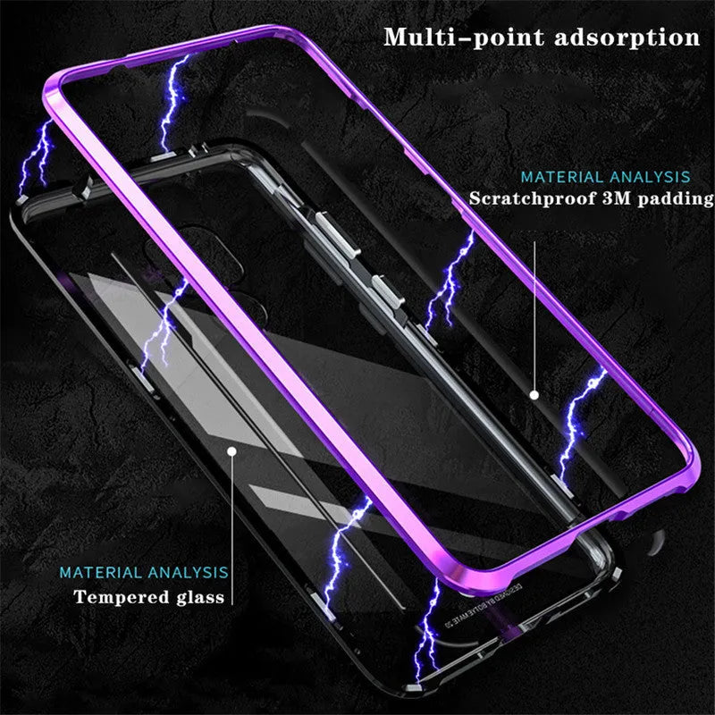 Black magnetic phone case with metal frame and clear tempered glass back for Huawei P30