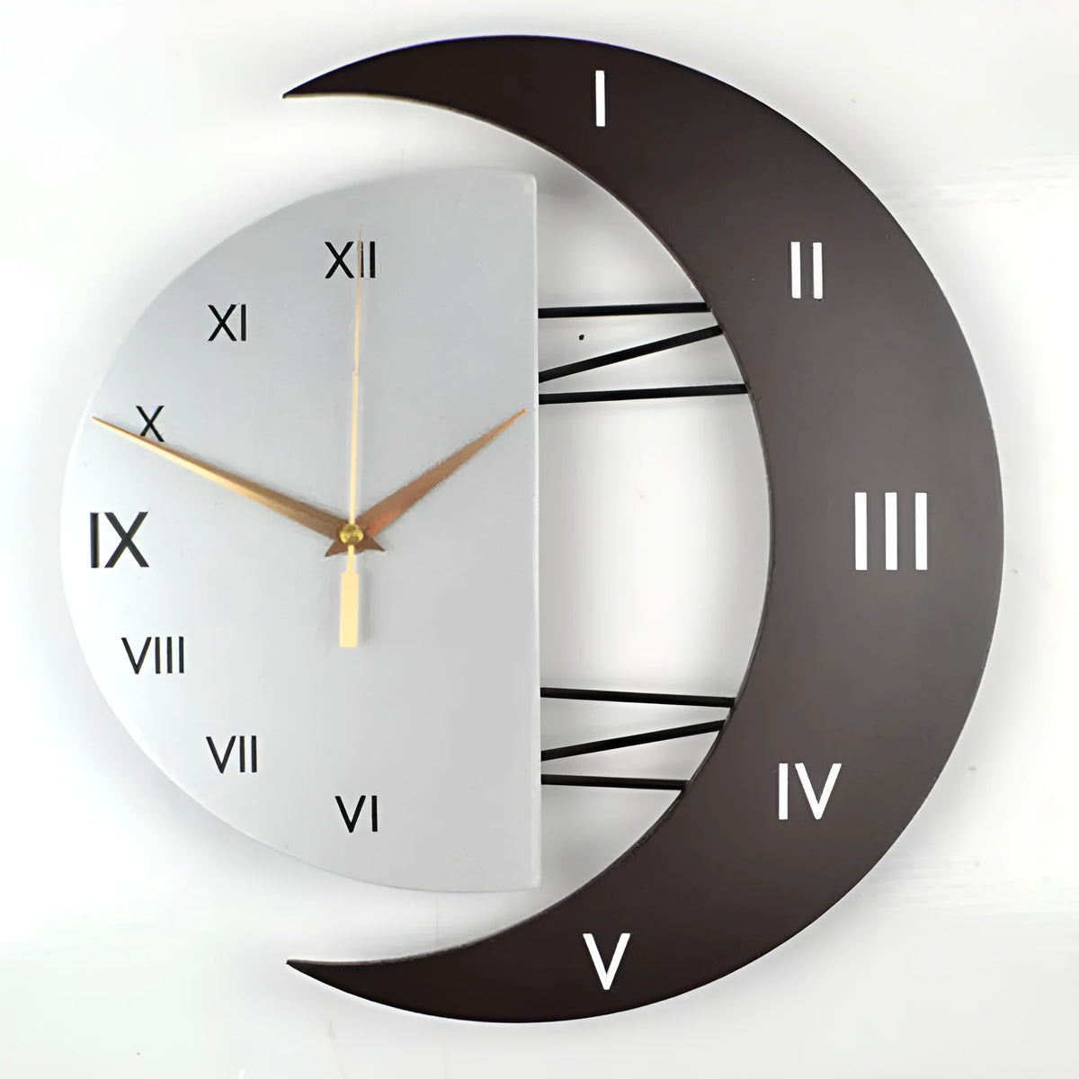 Round wooden MDF art wall clock with 24-hour indication, sweep movement, and Arabian or Roman numerals