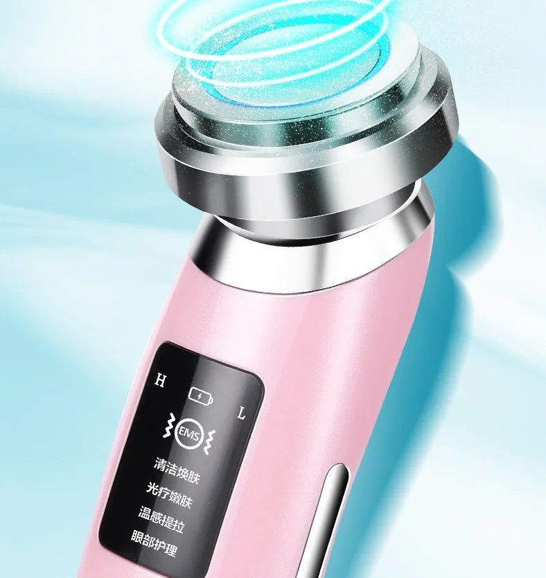 Pink handheld facial cleansing and rejuvenation beauty instrument showing 185mm length