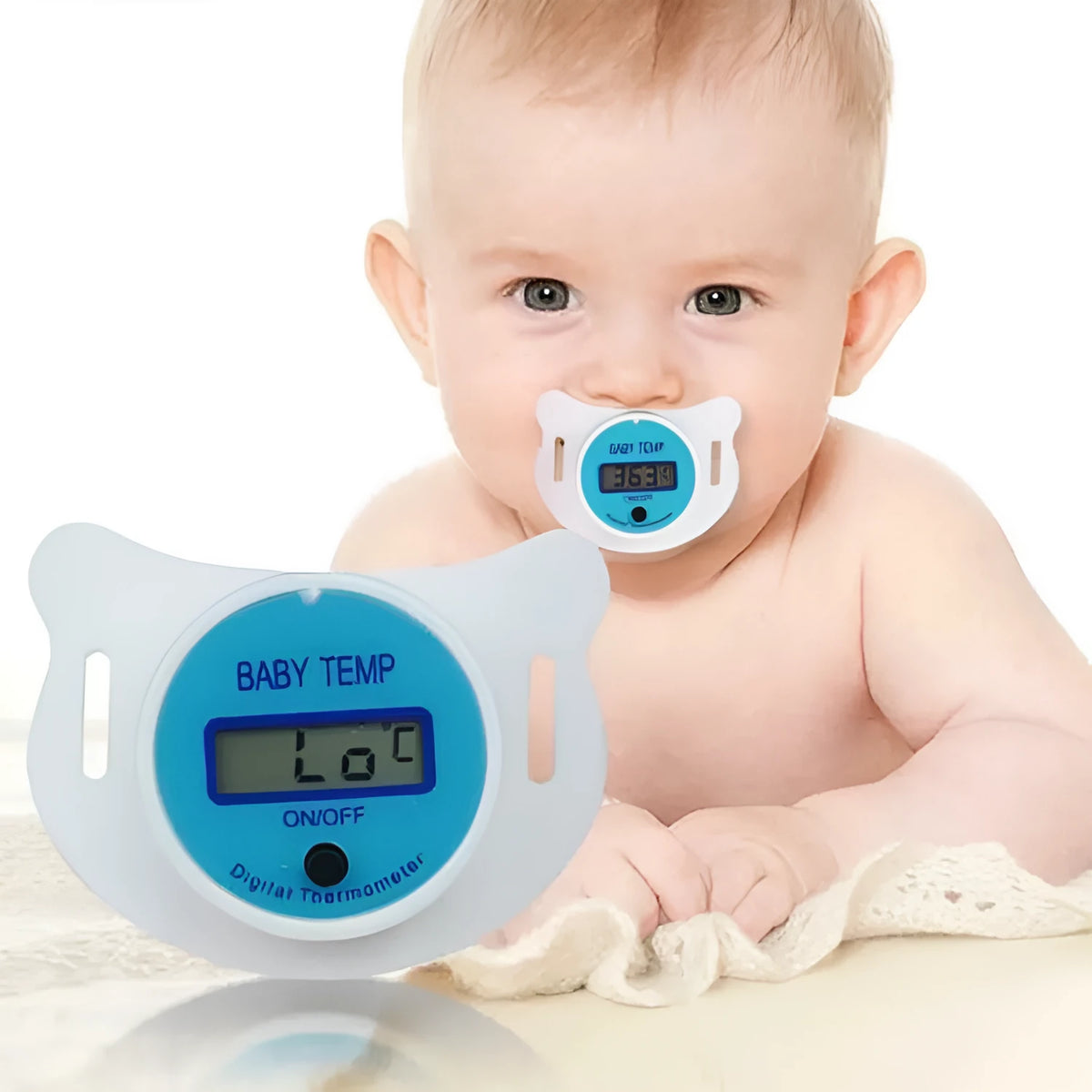 Baby pacifier digital thermometer in blue and pink colours for infant temperature monitoring