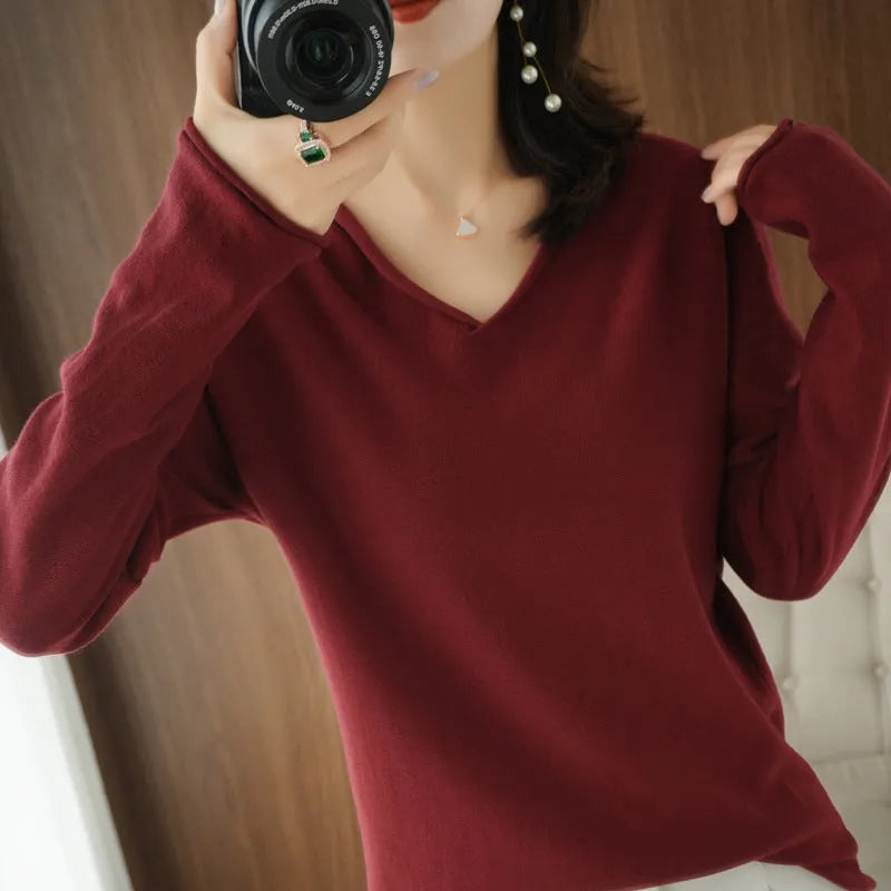 Women's V-neck long sleeve knitwear top in turmeric colour with pullover style and non-ironing fabric