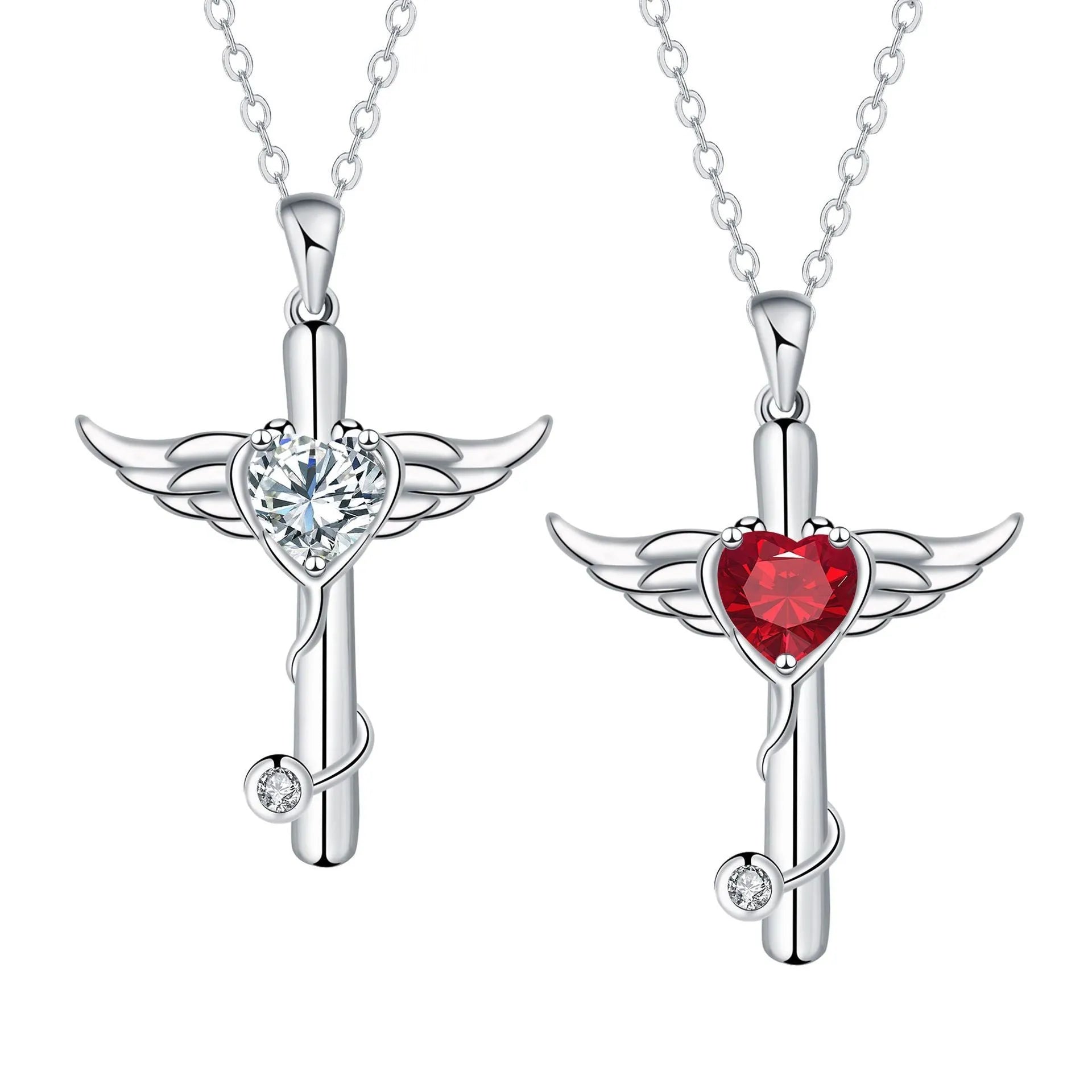 Women's copper necklace with stethoscope, angel wings and cross pendant in electroplated white diamond or red diamond finish