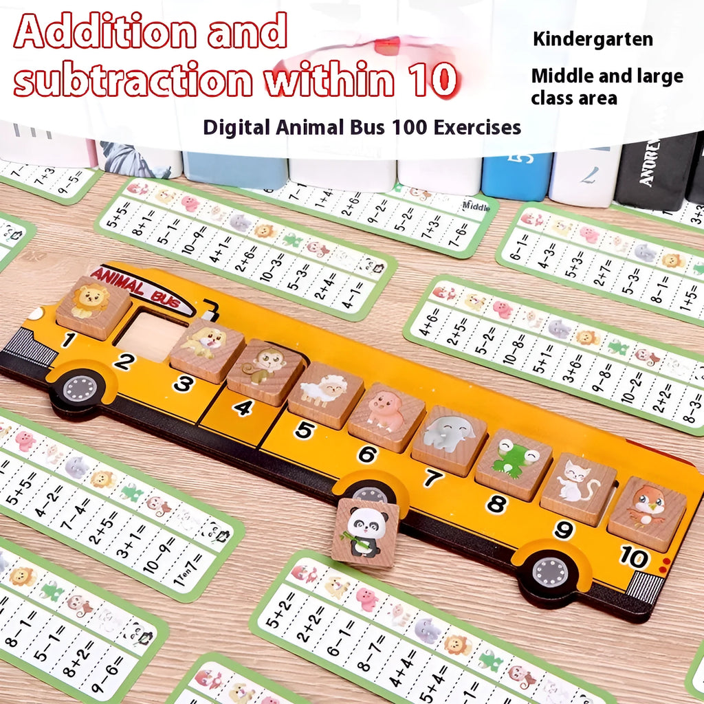 Wooden digital animal bus platform board game for kindergarten mathematics learning