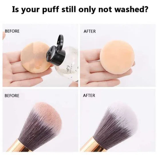 50ml makeup brush cleaning liquid in a clear bottle with a white cap, next to a makeup brush