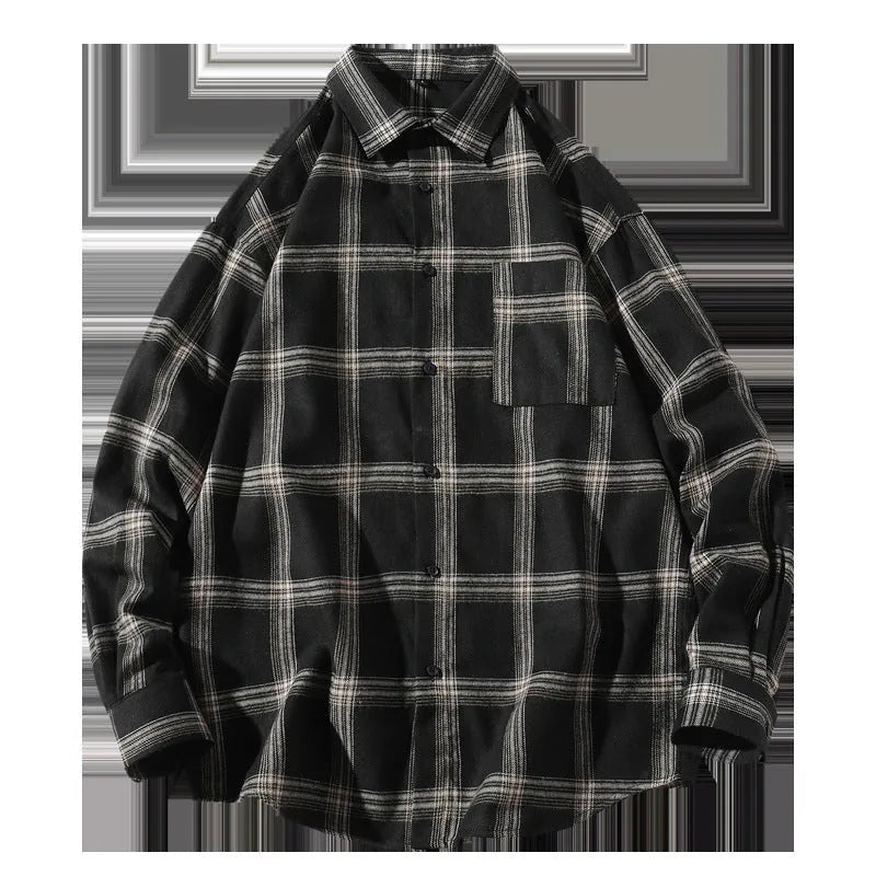 Men's long sleeve plaid shirt in loose fit, polyester blend, shown in black, grey, and navy blue