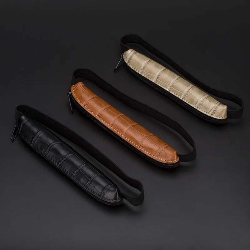PU leather office pencil case measuring 16.5cm long with beige grey, black and crocodile pattern colour options