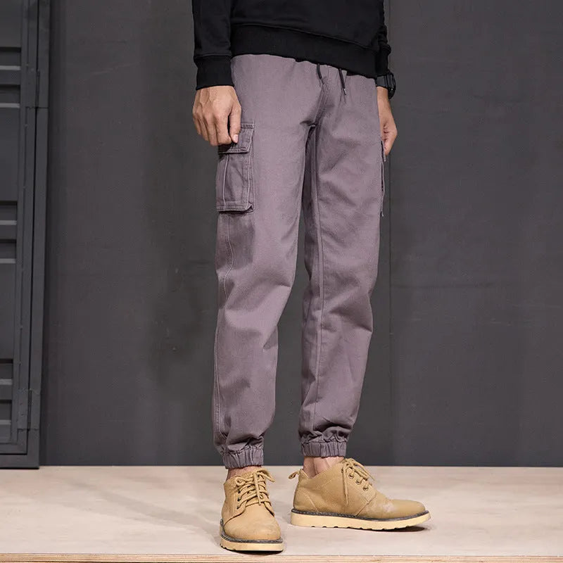 Men's cotton cargo pants in military green, cropped length, lace-up front closure, hip hop streetwear style