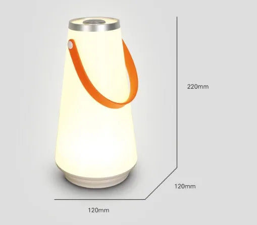 White rechargeable LED table lamp with USB cable on a wooden surface.