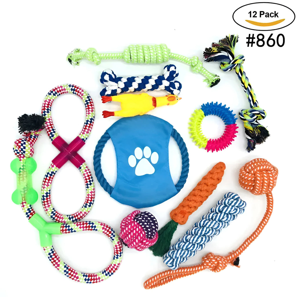 12-piece pet rope toy set in assorted colours made from cotton rope weave for dog biting and teeth cleaning