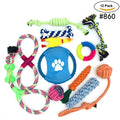 12-piece pet rope toy set in assorted colours made from cotton rope weave for dog biting and teeth cleaning