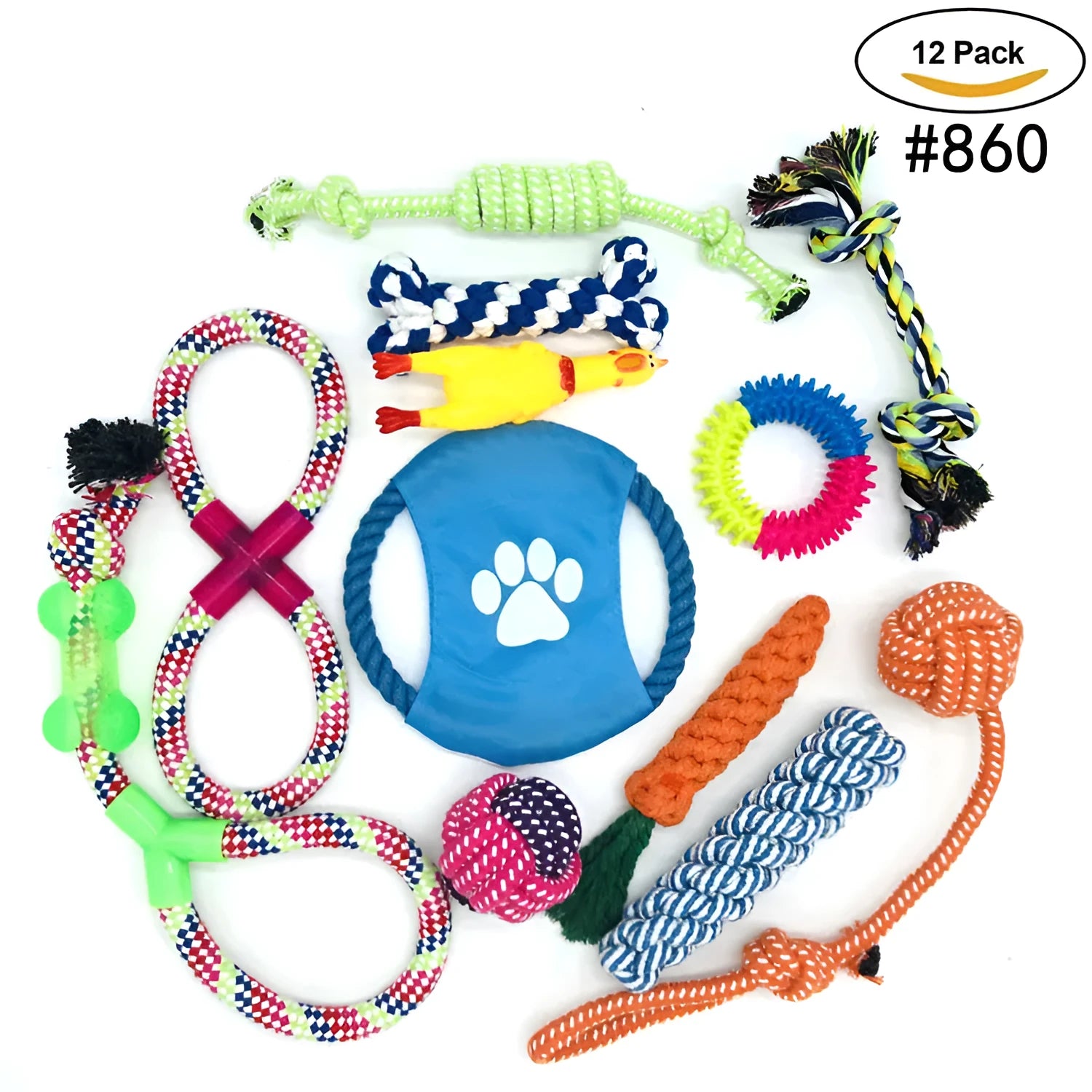 12-piece pet rope toy set in assorted colours made from cotton rope weave for dog biting and teeth cleaning