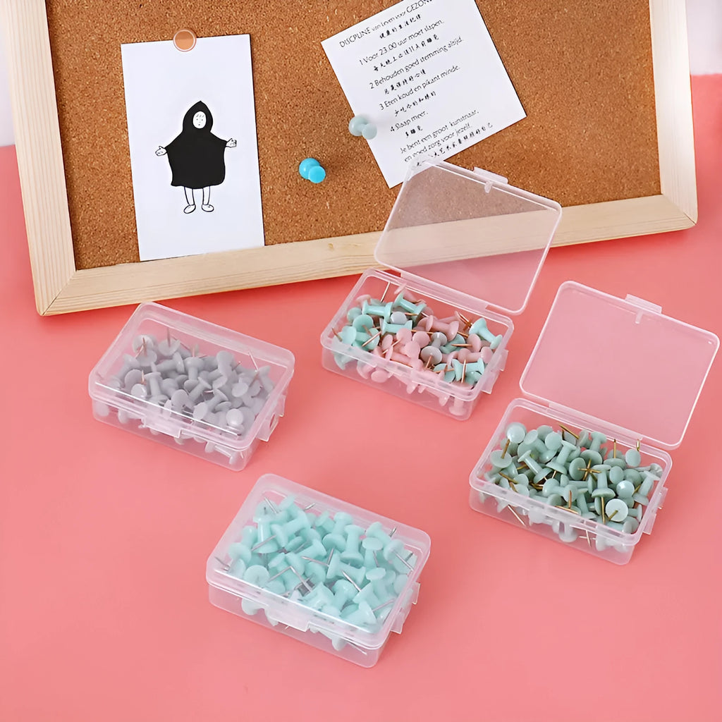 Morandi colour push pins set of 50 with three different pin head designs on cork board