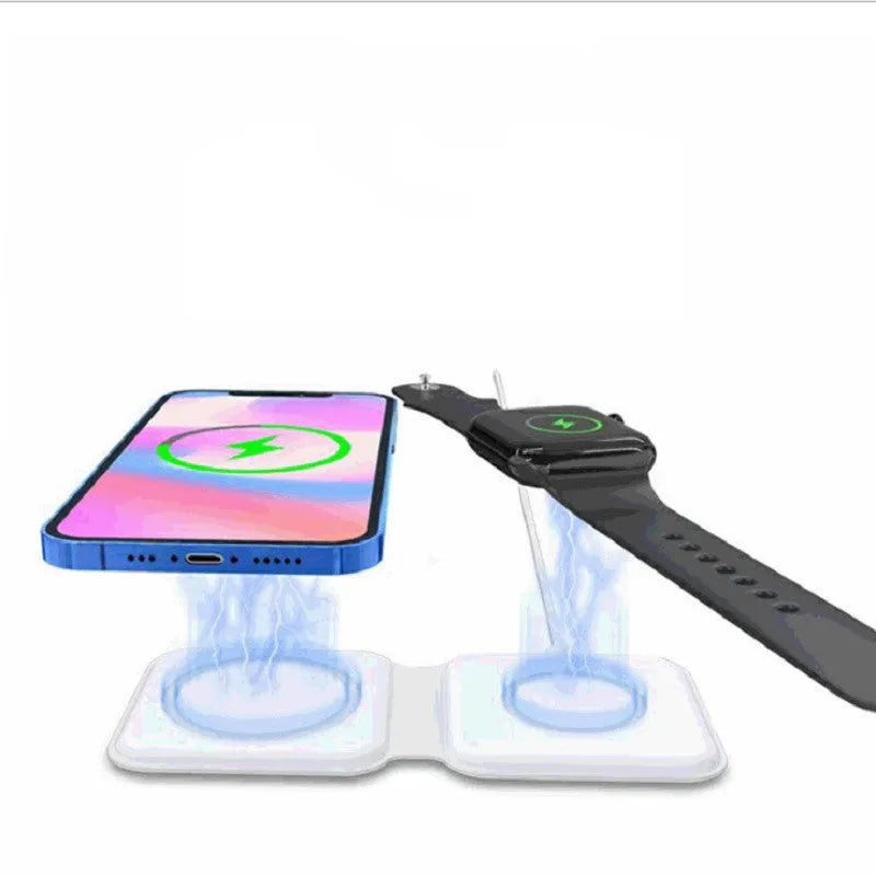 White foldable magnetic wireless charging dock in stand and flat modes