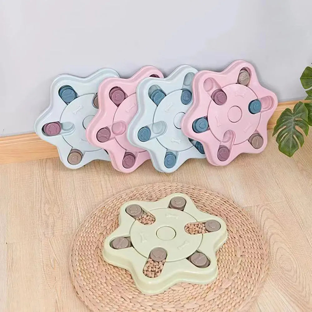 Dog puzzle feeder toy in PP material with non-slip base, available in footprint, round and hexagonal styles.