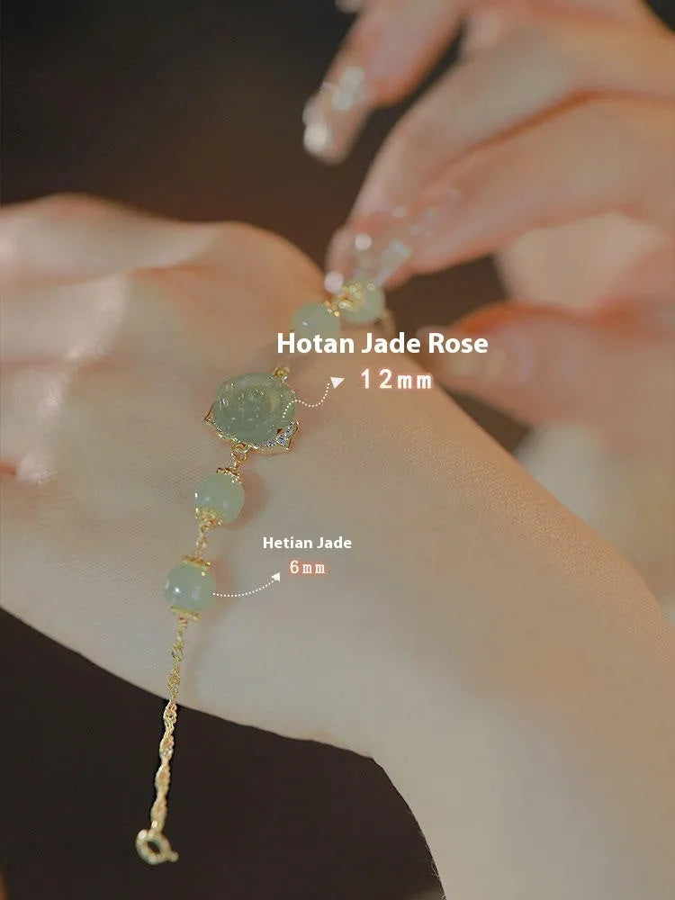 Women's bracelet with Hetian Jade Rose stone floral design and 14K gold gilding accents