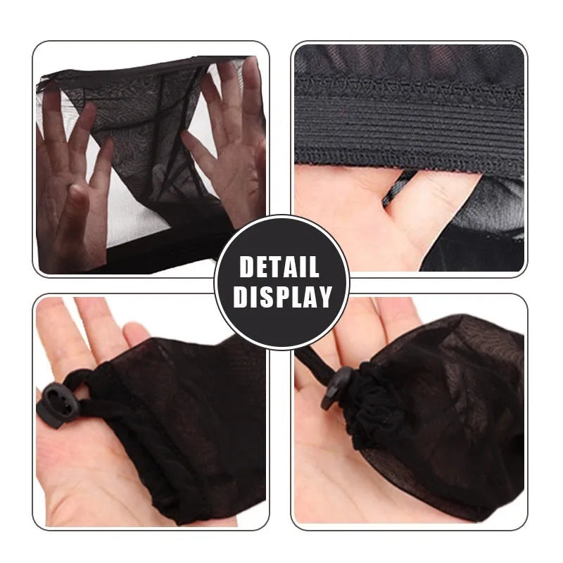 High elasticity spandex mesh wig cap shown in multiple colours including black, pink, and leopard.