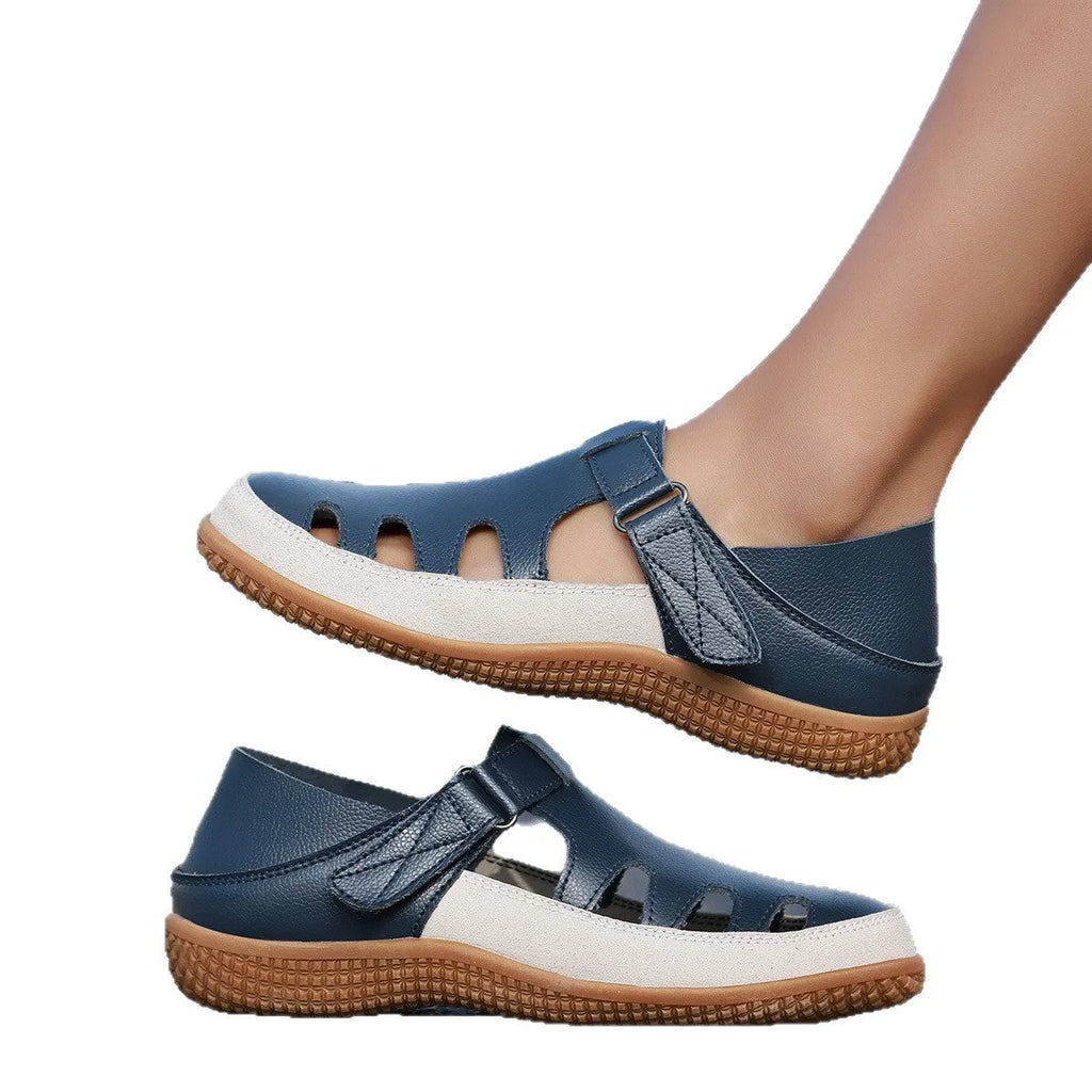 Women's plus size flat heel sandals with hollow toe cap design in blue, red or white colours