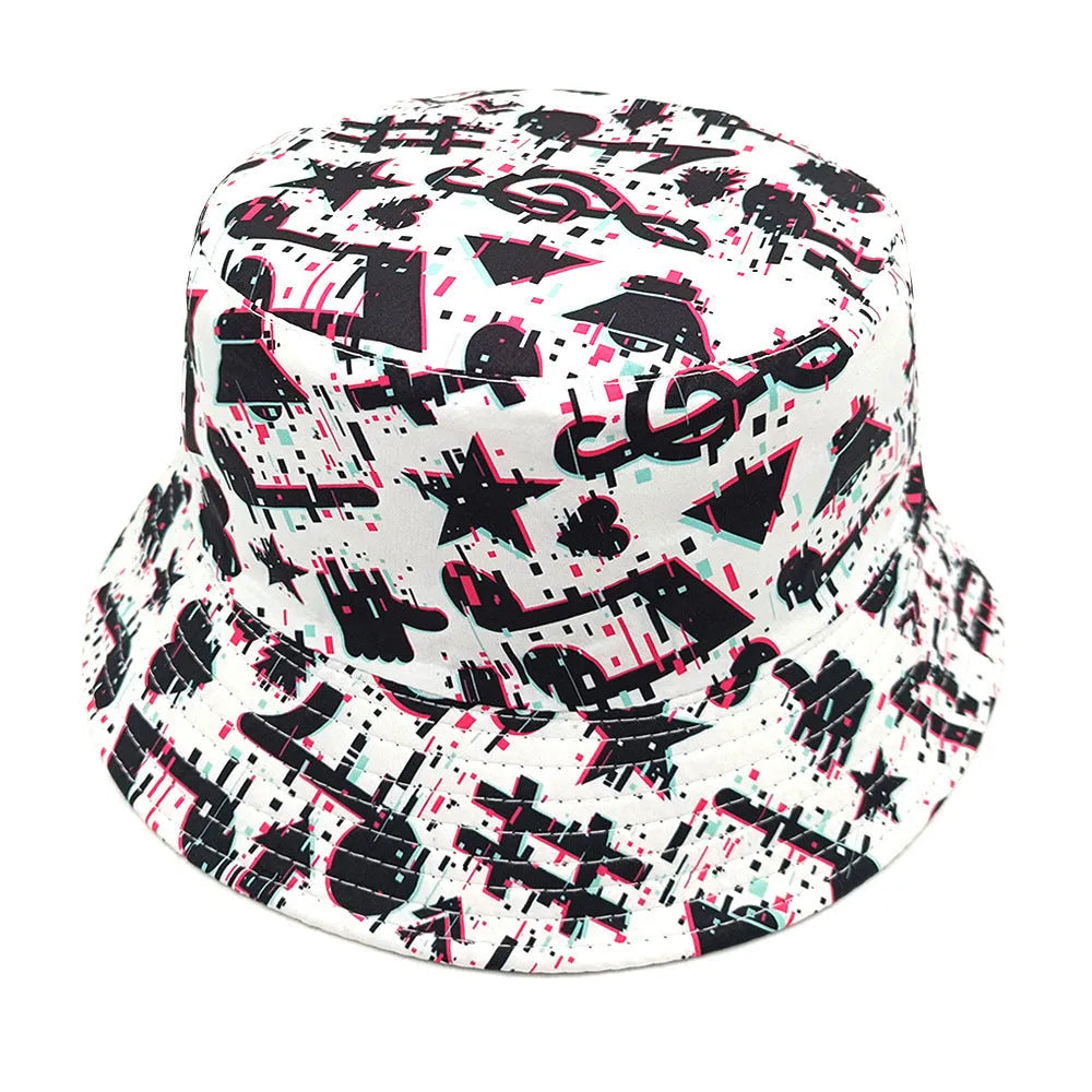 Polyester bucket hat with musical note pattern printing in retro style for outdoor sun protection