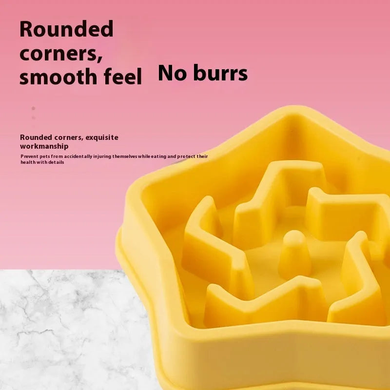 Yellow plastic dog slow feeding bowl with rough anti-choke base measuring 20.1cm