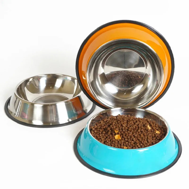 Stainless steel and melamine pet feeding bowl with non-slip base in multiple colour options