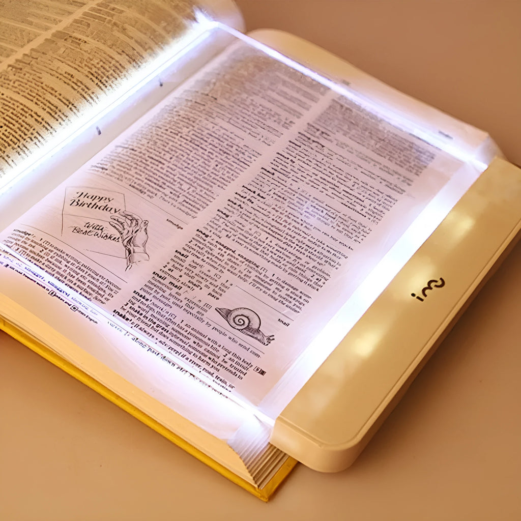 Dimmable LED panel book reading lamp with PMMA acrylic, two-level brightness, 17.6 cm wide, for bedside night reading