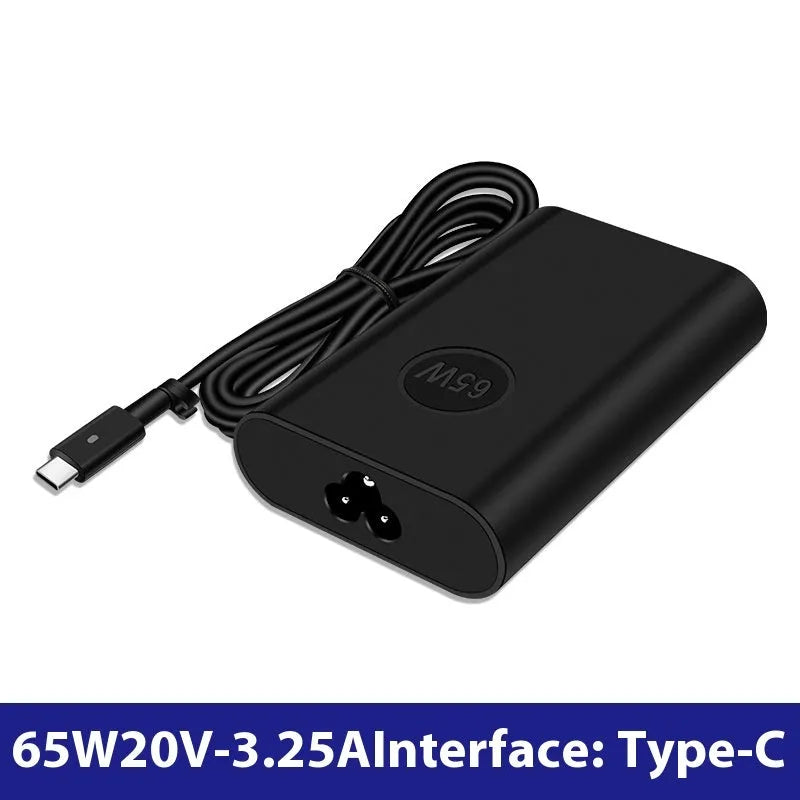 Black 65W USB-C laptop power adapter with multiple international plug attachments
