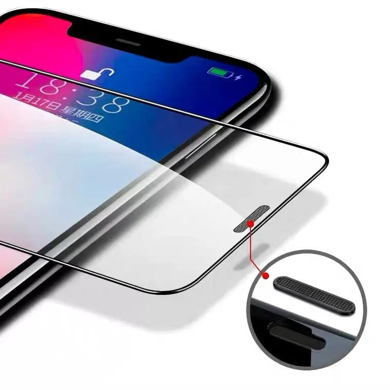 Tempered glass privacy screen protector with dustproof net for iPhone on a phone screen.