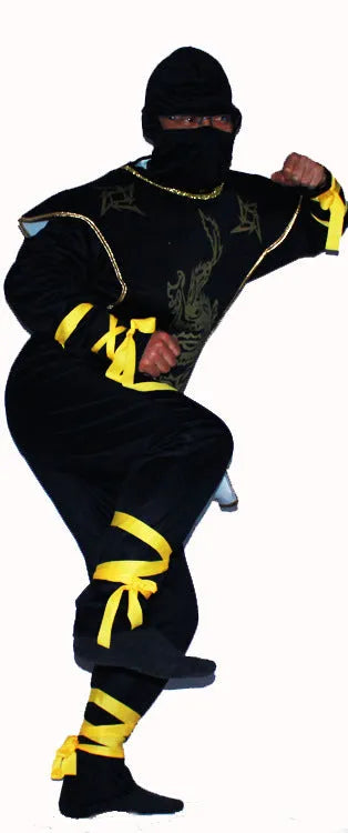 Adult high-end black ninja costume set with headgear, breastplate, top, pants, and golden laces