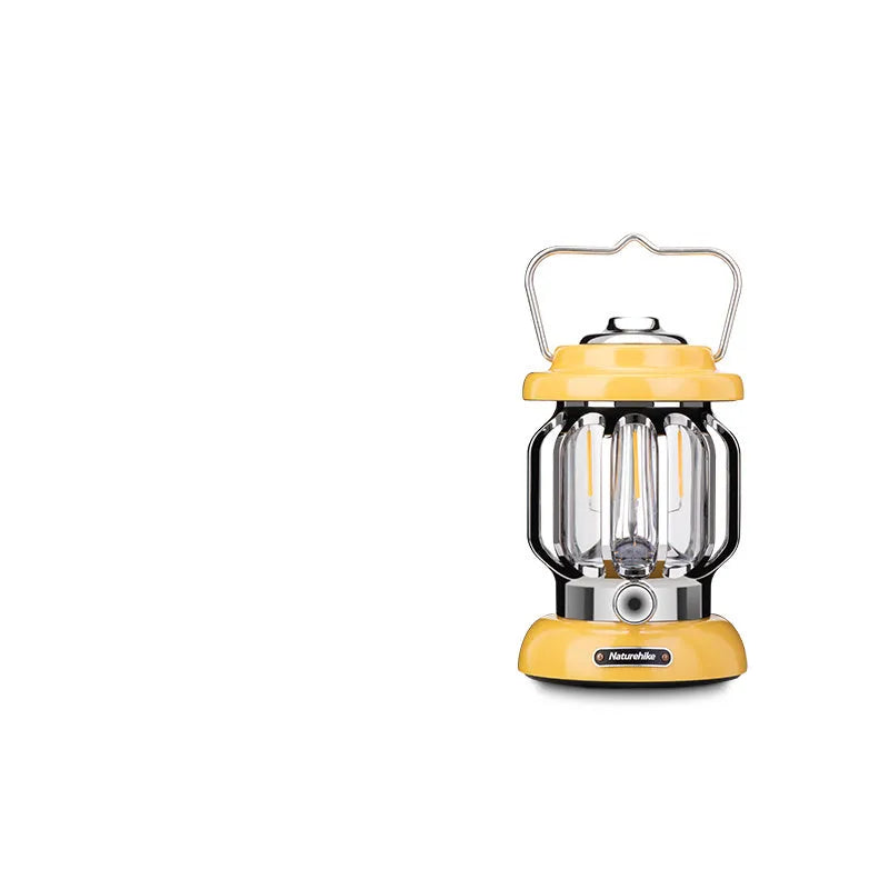 Sundial Yellow portable camping lantern with iron body, 17cm height, and dual LED lighting