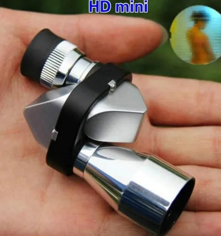 Compact aluminium 8x20 monocular telescope with blue lens coating, shown with its canvas carry case and lens cloth.