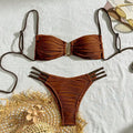 Women's khaki striped polyester three-point bikini set on a beach background sizes XS to L