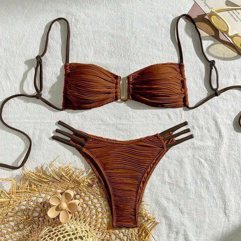 Women's khaki striped polyester three-point bikini set on a beach background sizes XS to L