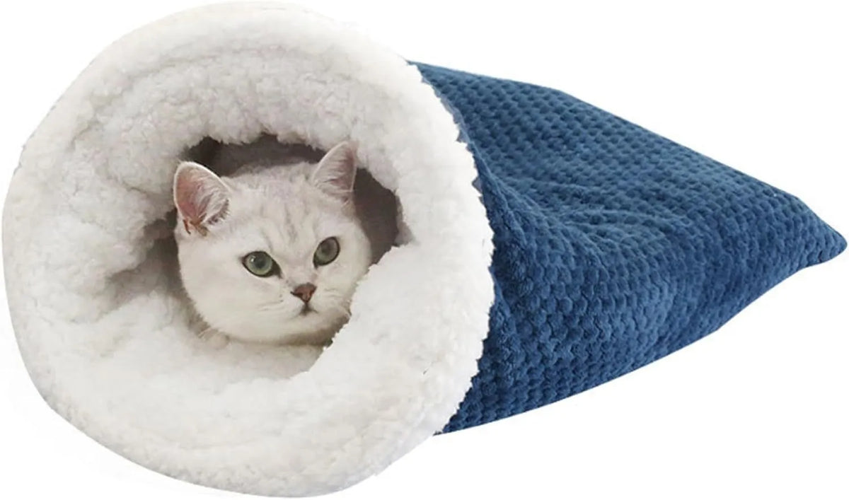 Gray cat winter sleeping bag with semi-enclosed cave design and crinkle sack for cats up to 6 kg