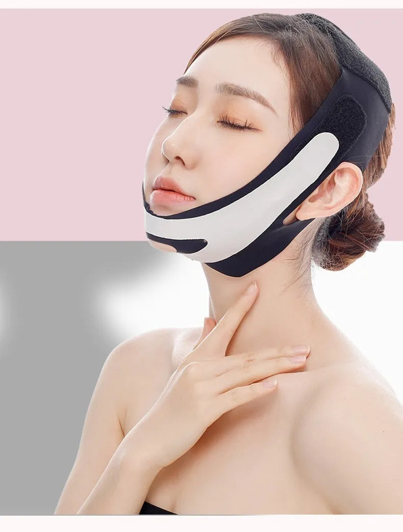 Pink and black elastic V face bandage for facial support and skincare routines