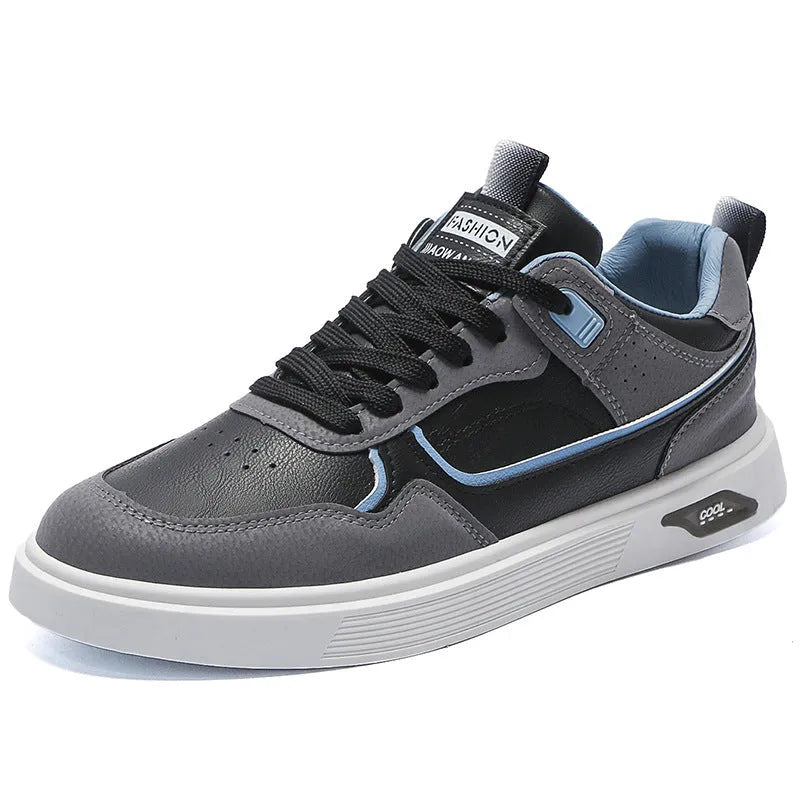 Men's low-top canvas board shoes in black, beige, or grey with leather stitching details.