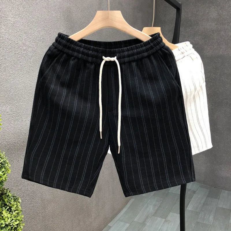 Men's black and white striped fleece-lined casual shorts with micro-elastic fabric