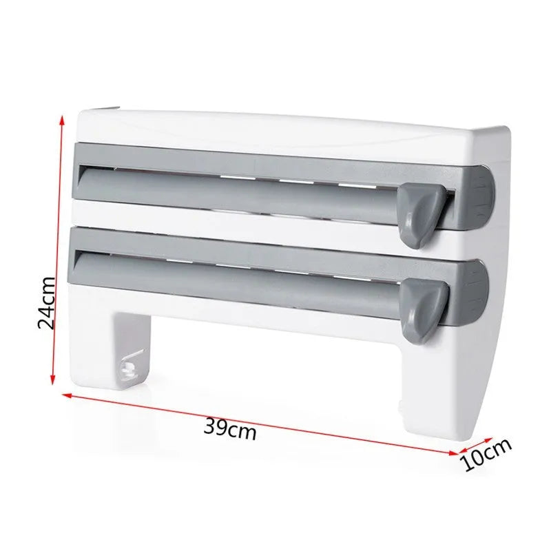 4-in-1 wall-mounted kitchen roll holder dispenser in white ABS for cling film foil and paper towel rolls