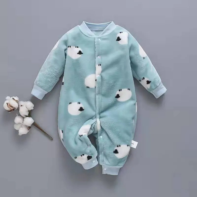 Baby wearing long sleeve flannel romper with animal print design