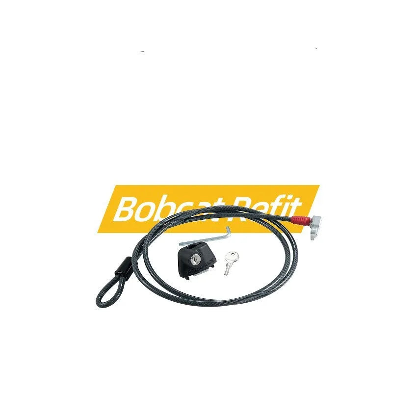 Plastic-sheathed steel cable lock for securing equipment to a roof rack or ladder.