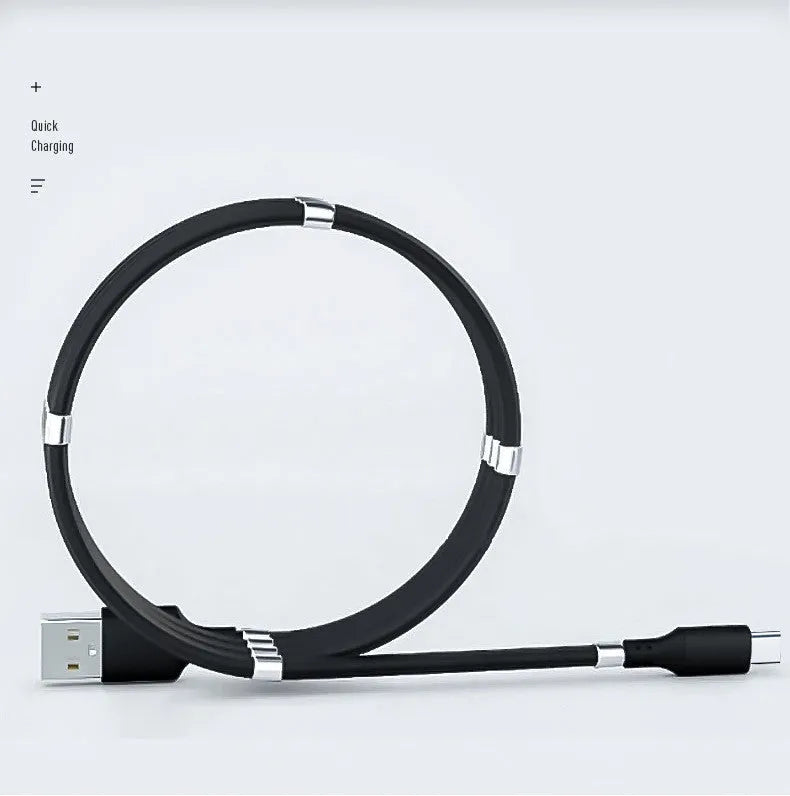 Black magnetic data cable showing Micro USB, USB Type-C and 3.5mm connector interfaces with ends snapped together