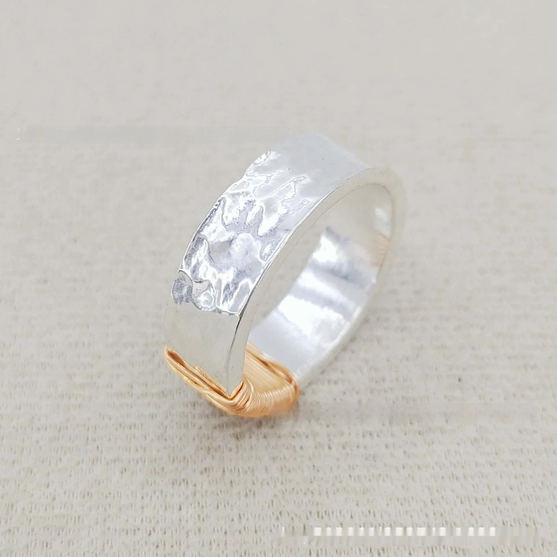 Copper unisex geometric ring with irregular coil design, silver gold electroplated finish, wide face, sizes 5 to 11