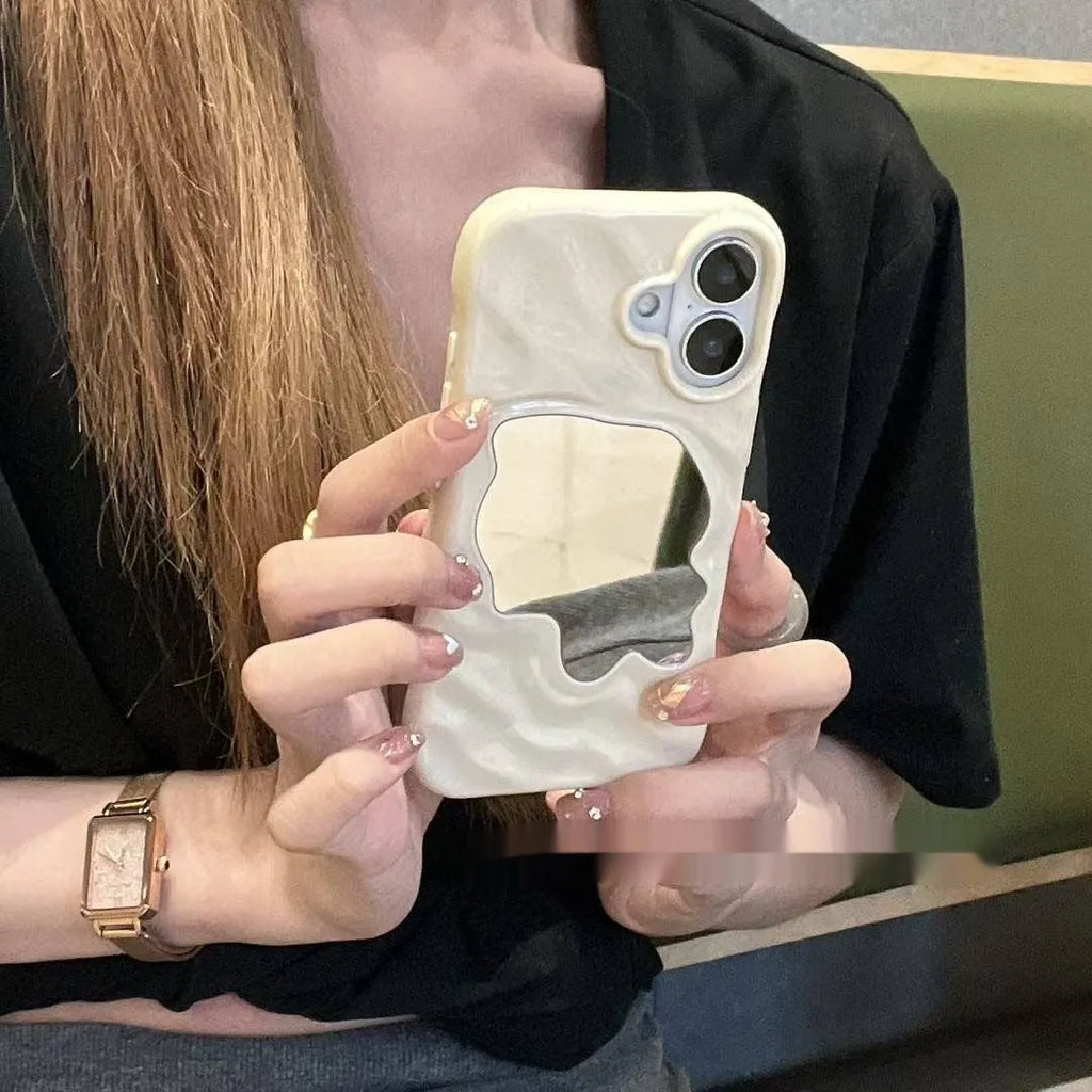 Simple solid colour iPhone case with water ripple texture and a small mirror, shown in beige.