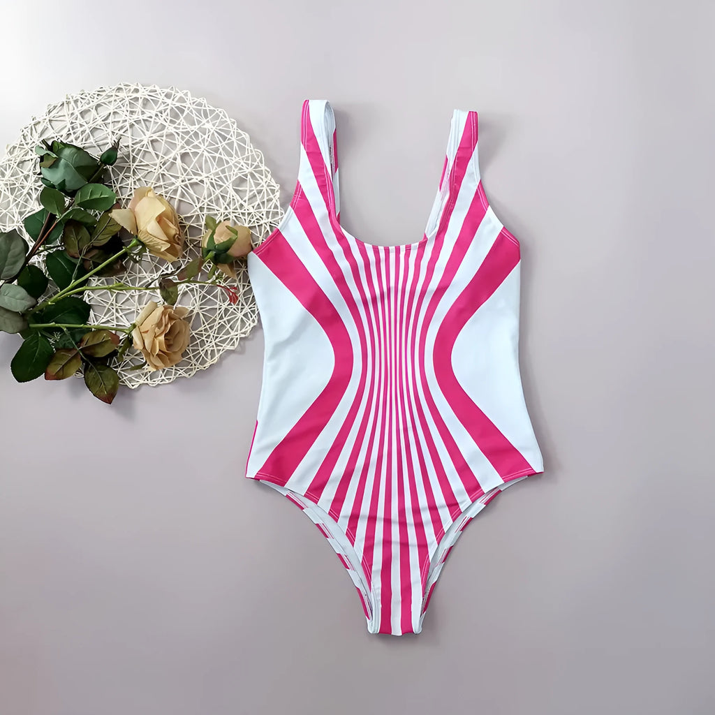 Pink and white striped women's one-piece swimsuit with front and back digital printing.