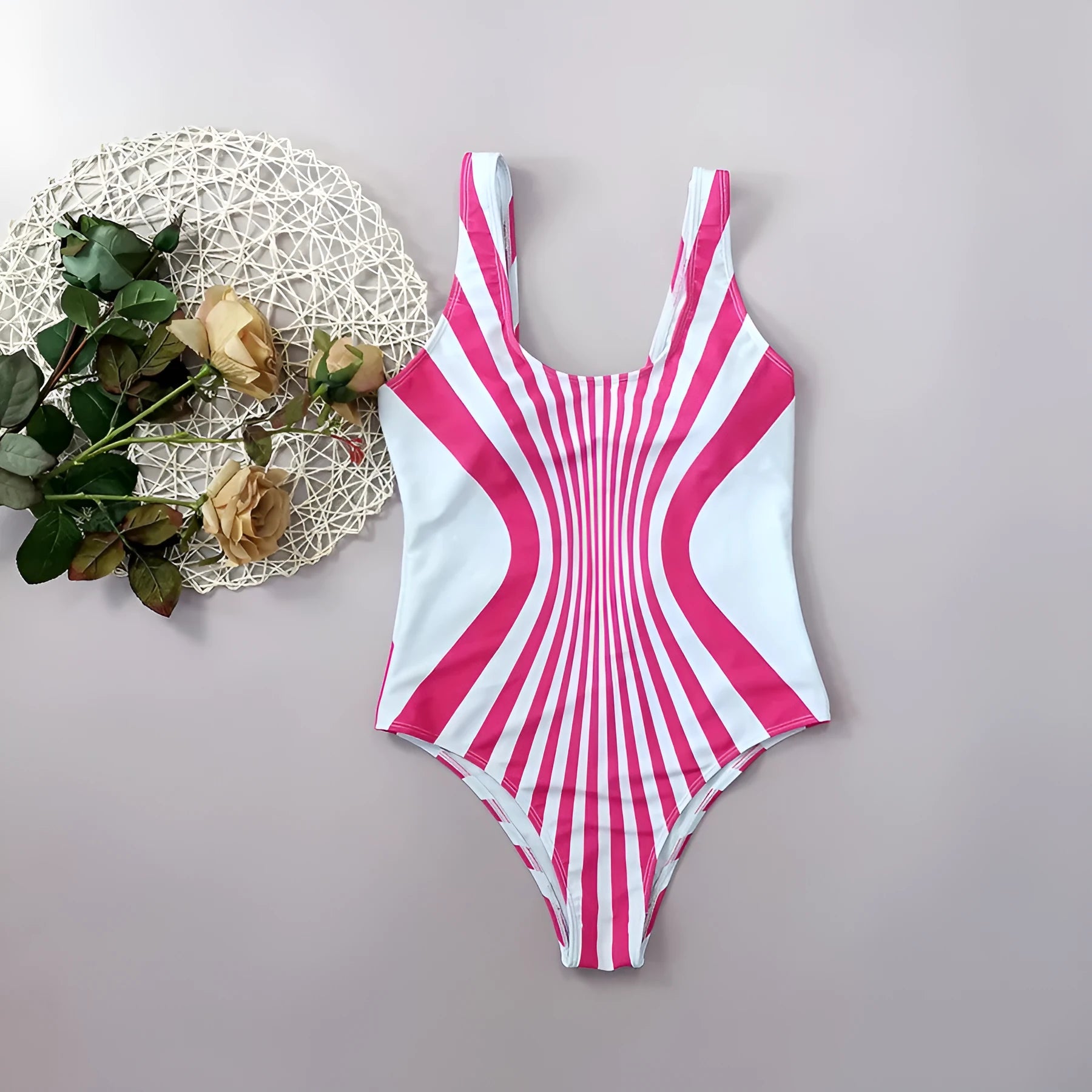 Pink and white striped women's one-piece swimsuit with front and back digital printing.