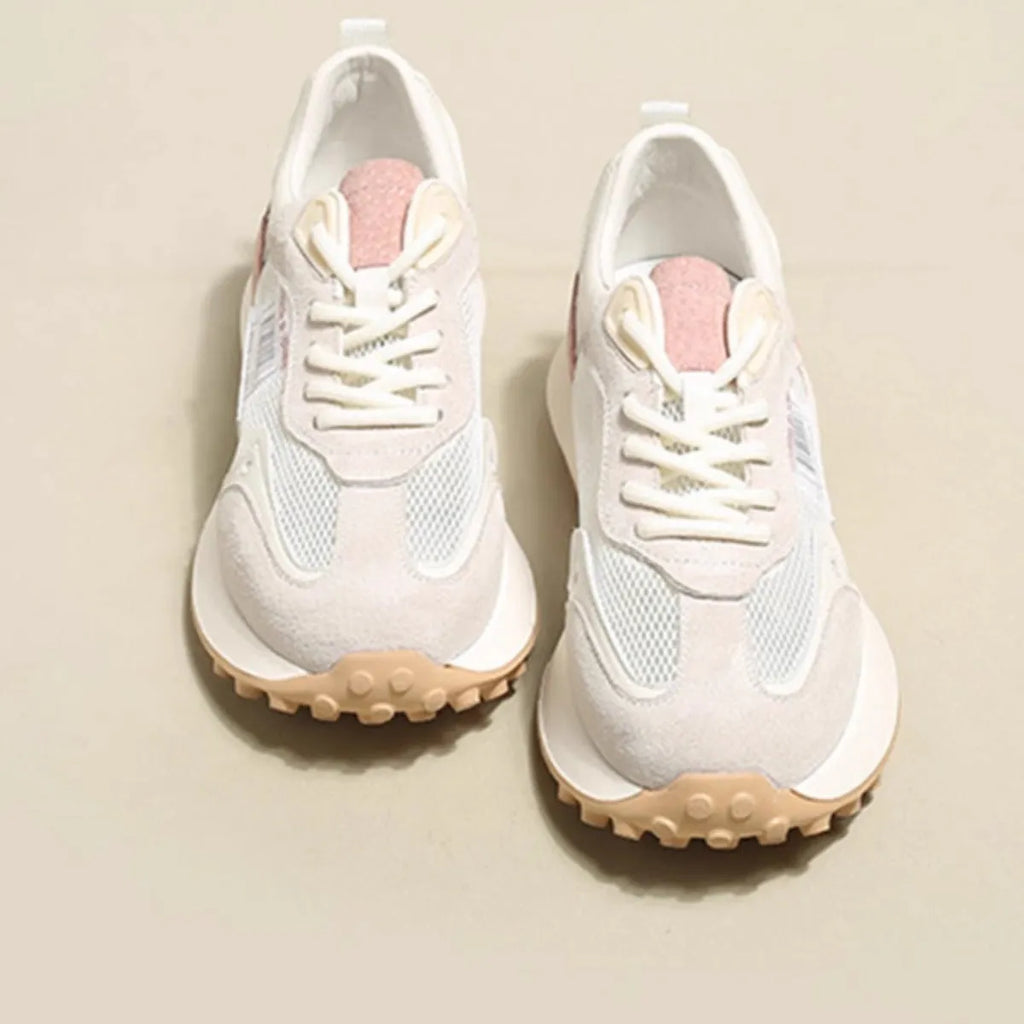 Women's grey and pink low-top retro sneaker with round toe and flat rubber sole