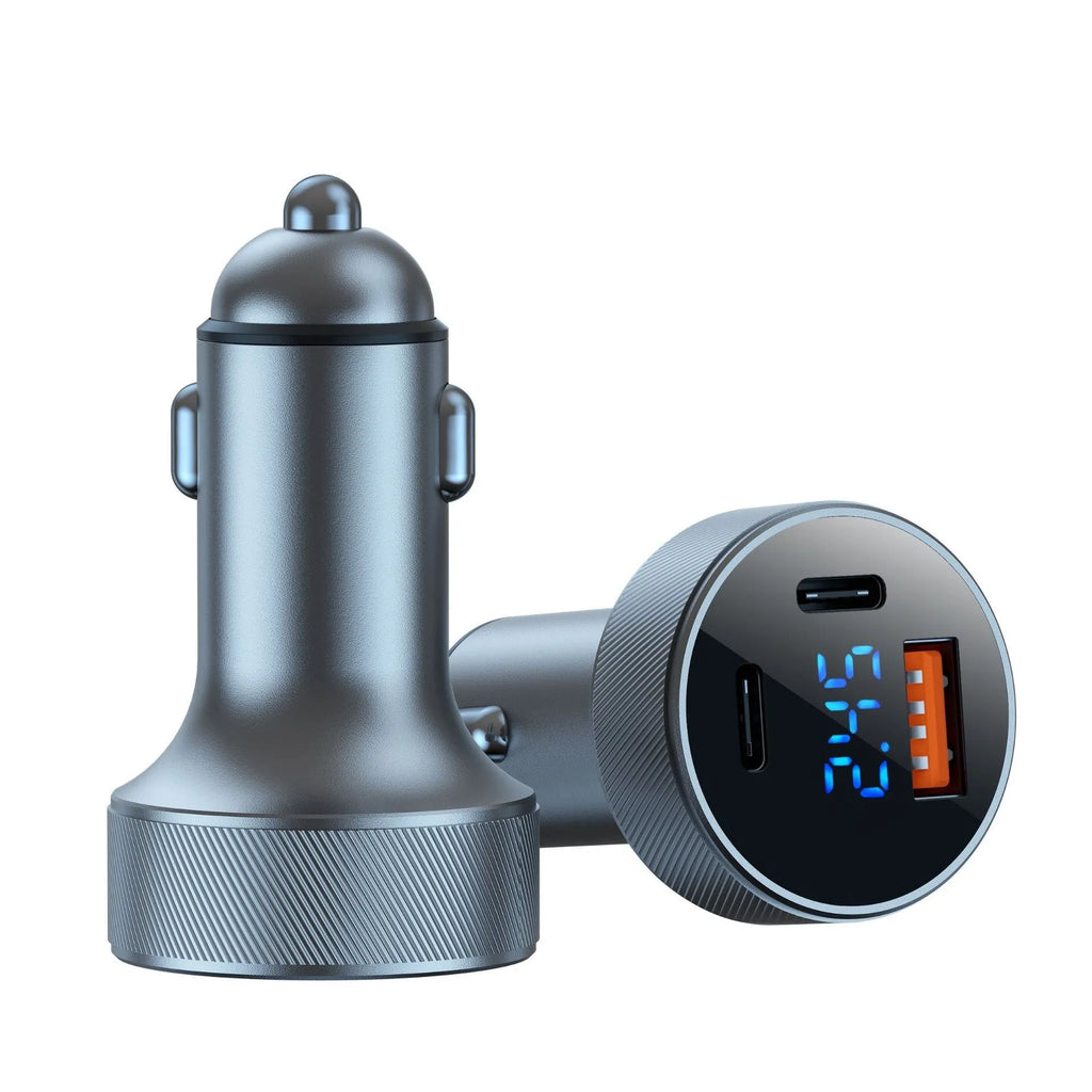 Black aluminium alloy car charger with digital display showing three USB ports and one cigarette lighter socket